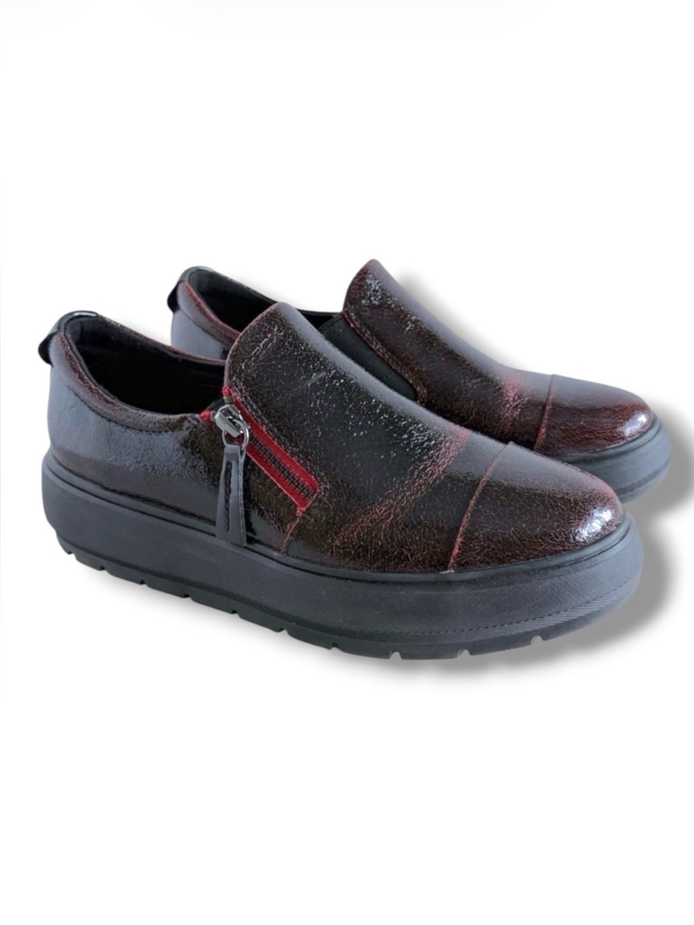 Geox Glossy Burgundy Shoes Leather Platform Sole Side Zip Size 6